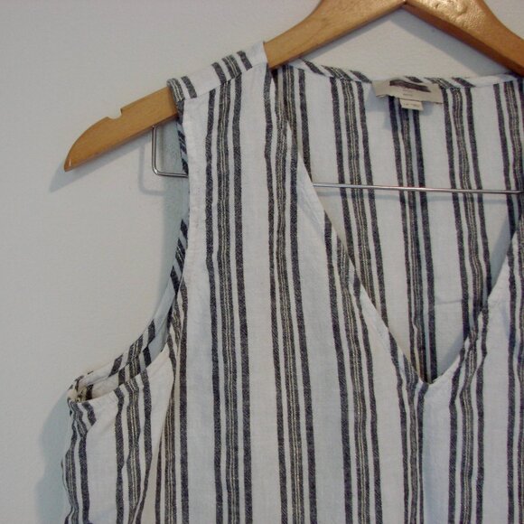 Linen Striped Sleeveless Top Blue White Gold Lurex Ruffle Hem Flowy Large Petite - Picture 5 of 11